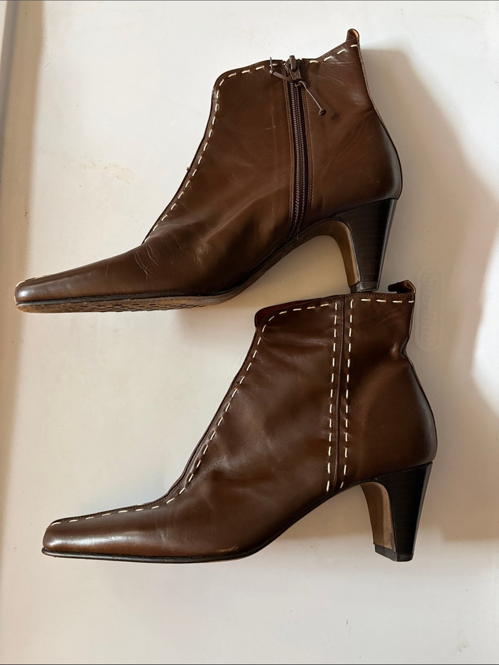 Donald J. Pliner Brown Leather Ankle Boots with Contrast Stitching